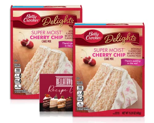 Cherry Chip Cake Mix Bundle. Includes Two-15.25 oz Betty Crocker Super Moist Cherry Chip Cake Mix and a BELLATAVO Recipe Card. Each Betty Crocker Cake Mix has Pudding in the Mix!