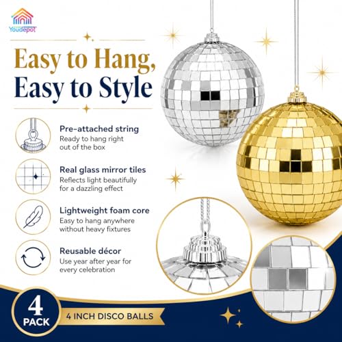 Youdepot - Bolas espejadas de discoteca de 6 pulgadas, paquete de 4 bolas espejadas de colores y luces LED en cadena de 1,97 pulgadas miniatura 5