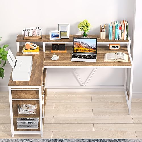 Image of Tribesigns L Shaped Desk with Drawers and Monitor Stand, L Corner Desk with Storage Shelves, Beige Wooden PC Table for Samll Home Office