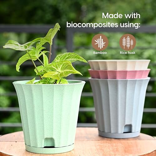 Image of Eha Earth Friendly Ace 7 inch Small Self Watering Pots for Indoor Plants | Set of 6 | Plant Pot Made with Bamboo Fibers | Table Top Planters for Home Decor, Flower Pot for Living Room | Celeste