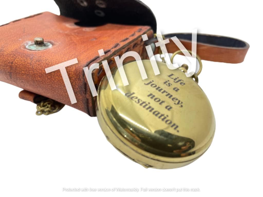 Antique Brass Pocket Compass Quote “Life is a Journey not a Destination” Directional Magnetic Compass 2" with Leather Case Personalized Engraved Compass for Outdoor Hiking, 3