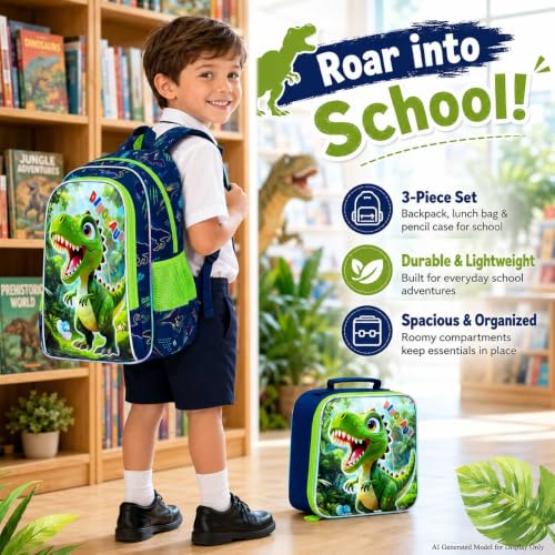 Image of UFNDC 3PCS Boys Backpack,16 inchKids Dinosaur Bookbag with Lunch Box, School Bag for Elementary Toddler