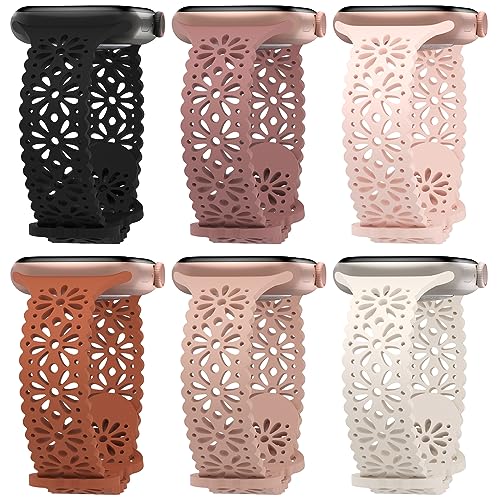 Image of 6 Pack Slim Thin Lace Hollow-out Silicone Bands Compatible with Apple Watch 38mm 40mm 41mm 42mm 44mm 45mm 46mm 49mm Women, Breathable Sport Strap for iWatch Series 11 /10 /9 /8 /7 /6 /5 /4 /3 /2 /1 Ultra SE