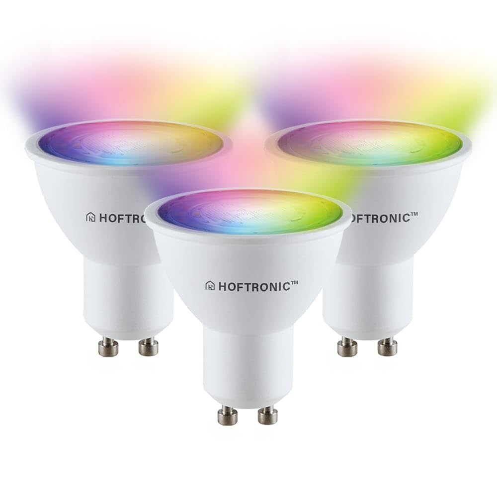 HOFTRONIC - 3er GU10 Smart Lampe RGBWW, Wlan (WiFi+Bluetooth) leuchtmittel RGB, 2700K-6400K (16,5 Millionen Farben) Dimmbar über App & Sprache - Kompatibel mit Alexa Echo, Siri, Google Home