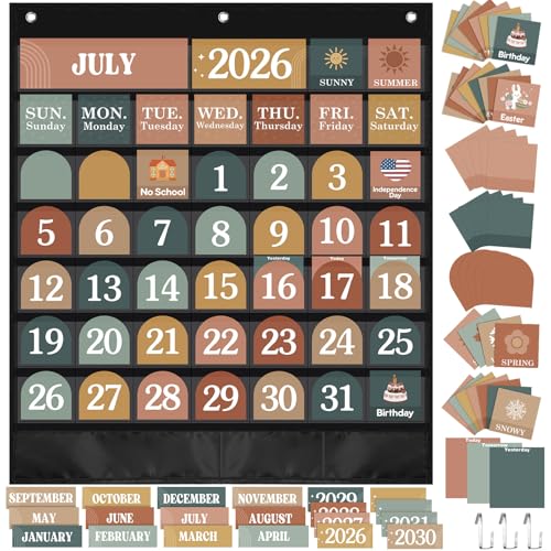 Sinload Classroom Calendar Pocket Chart Set Calendar Bulletin Board Set Seasons Festival Weather Pocket Chart for Classroom Decoration Back to School Supplies(Modern Boho 2,Black)