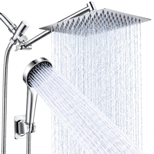 Shower Head, Rain Shower Head with Handheld Spray Combo, 12 Inch Adjustable High Pressure Rainfall Shower Head, Dual Showerhead Set with Extension Arm and 60 Inch Long Shower Hose (Silver)