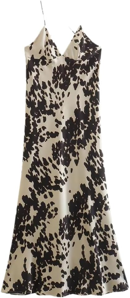 Elegant Ladies Halter Dress Black Printed Satin Texture Long Skirt