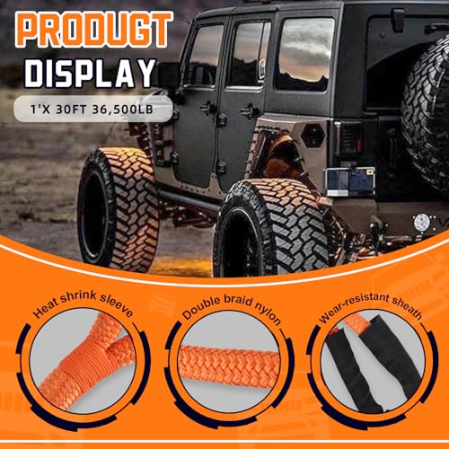 Kinetic Recovery Rope 1\"×20ft, Tow Rope Heavy Duty 48000 Lbs, Kinetic Rope Recovery Kit, Kinetic Tow Rope for Trucks UTV, ATV, Recovery Rope Kit for 4x4 Offroad Vehicle(Orange)