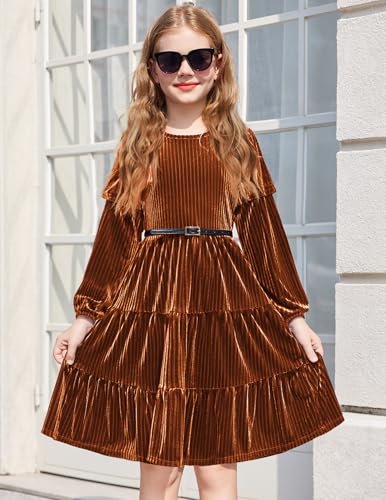 Arshiner Girls Velvet Tiered Dress Long Sleeve Crew Neck Elegant Tween Twirly Dresses for 6-13 Years2