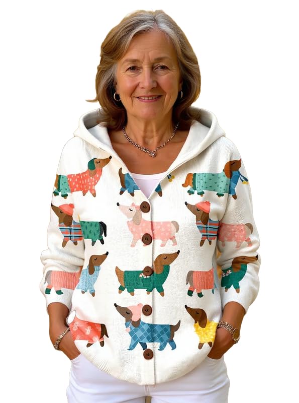 Womens Floral Print Hooded Cardigan Casual Long Sleeve Button Front Knit Cardigan Coat Trendy