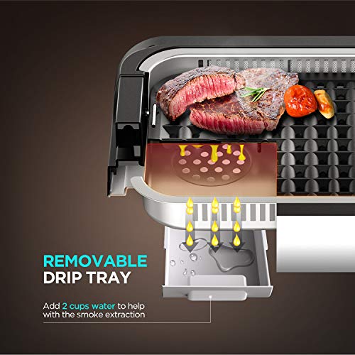 CalmDo Indoor Smokeless Grill, Electric BBQ Grill and Non-Stick Griddle Plates with 3 Temperature Control, Removable Drip Tray, Tempered Glass Lid and 14\'\' X 7.9\'\' Grilling Surface