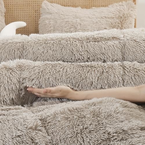Smoofy Fluffy Queen Comforter Set, Faux Fur Fuzzy Plush Comforter, Soft Comforter Set Queen Size, Shaggy Bedding Set, 3 Pieces, 1 Comforter (90"x90") & 2 Pillow Cases (20"x26"), Oatmeal