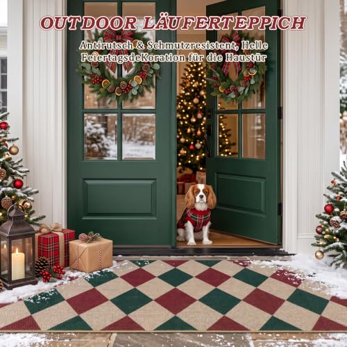 TUKDAK Jute Weihnachtsteppich Läufer 60x180cm Waschbar Rutschfest Rot Grün – Ansicht 7