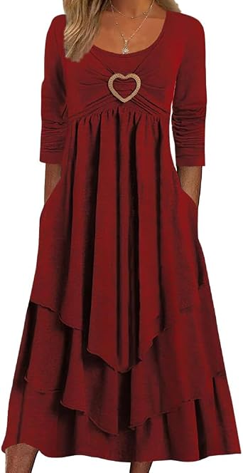 Bengbobar Womens Heart Crewneck Long Sleeve Tiered Dresses Solid Color Casual Fall Wedding Party Guest Dress with Pockets