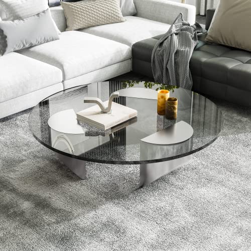 Round Glass Coffee Table Wedge Coffee Table, Modern Coffee Table With Tempered Glass Top End Table, Heavy Duty Polished Steel Legs Support For Living Room Home Office (Black + Brushed Steel) #TOP3
