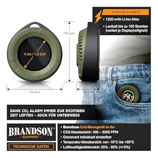 Brandson - CO2 Melder - Messgerät to Go - tragbar – Luftqualitätsprüfer - Kohlendioxidmessung PPM – 1200 mAh Akku CO2 Alarm – Temperaturanzeige, Luftfeuchtigkeit, Multifunktionstaste - Co2 Detektor