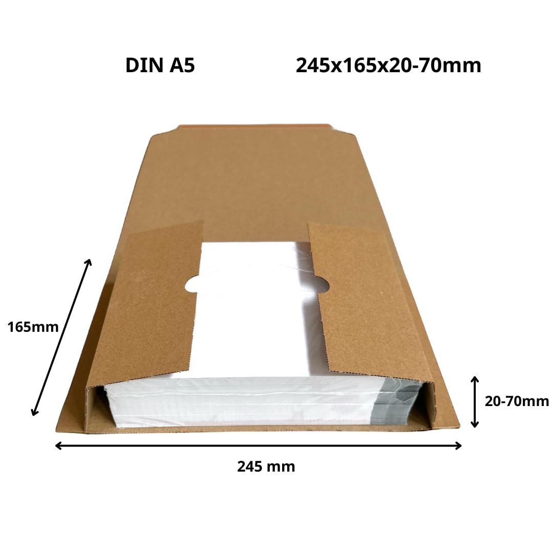 DeineFairpackung - 100 Stück Buchverpackung Din C5 Wellpappe selbstklebend in Braun - Größe 245x165x70mm mit variabler Füllhöhe - Buchverpackung aus Karton für Büchersendung reißfest