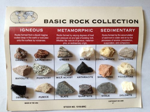 Rock Collection and ID Chart - 18 Rocks - Igneous, Metamorphic, Sedimentary - from DINOSAURS ROCK