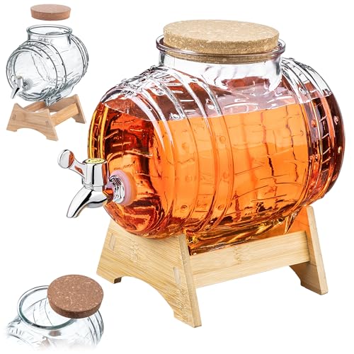 KADAX Barril de 3 litros con grifo, dispensador de bebidas en forma de barril de cristal, barril con grifo, dispensador transparente con base de madera, dispensador de alcohol ideal para whisky