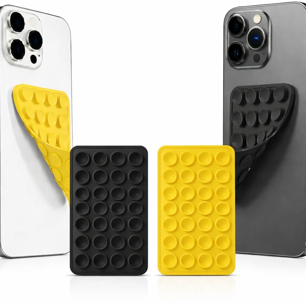 GooseBox Suction Phone Case, Silicone Suction Phone Case for Hands-Free Mobile Accessory Holder Grip, Video Phone Accessory Compatible Mirror, Shower (Black & Yellow, Pack of 2)-picture-36