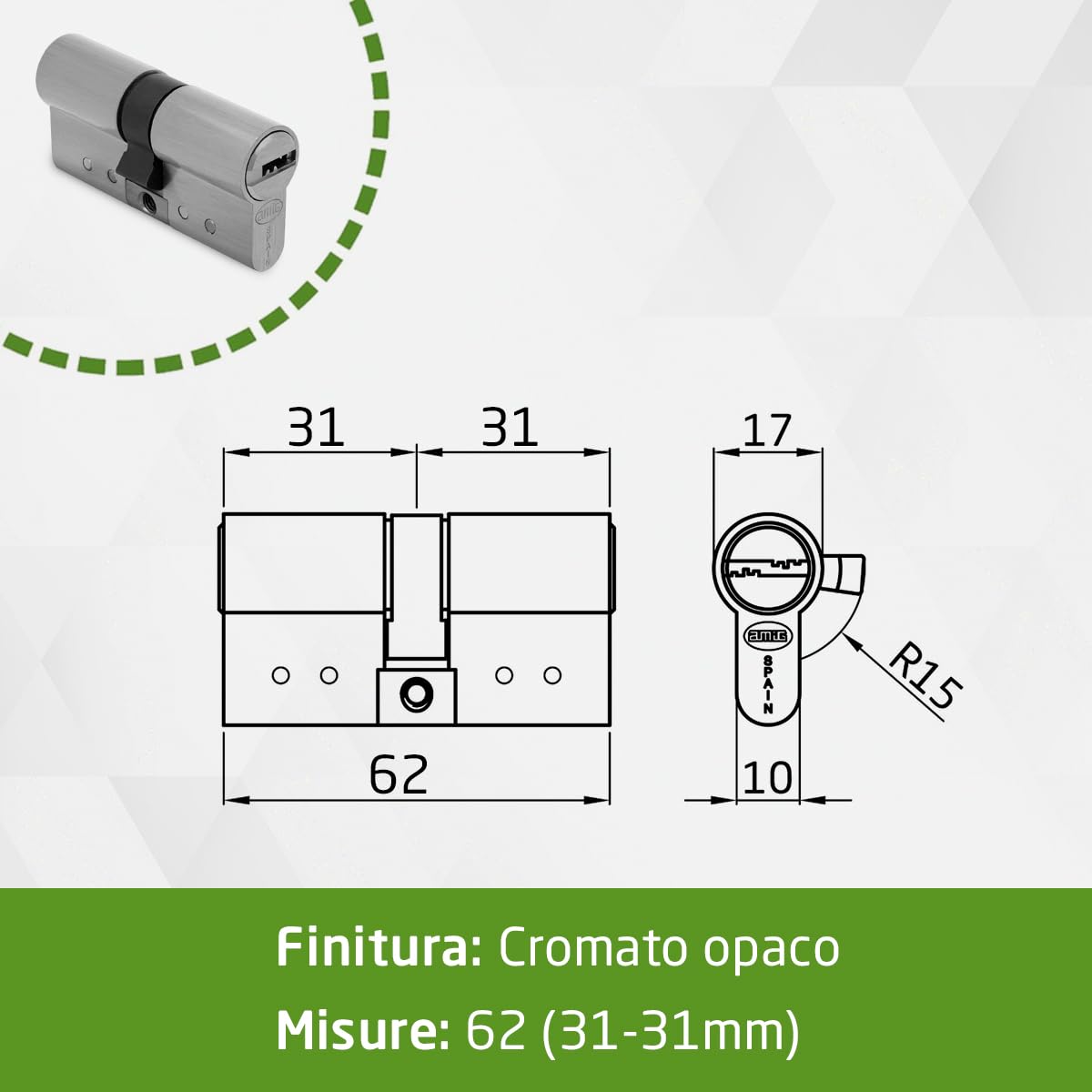 Amig - Cilindro di sicurezza - Serratura per porte in Legno - Antigrimaldello e Antibumping - Cilindro Antiestrazione e Antirottura - Include 5 chiavi - Argento opaco - Misure: 62 (31-31) mm