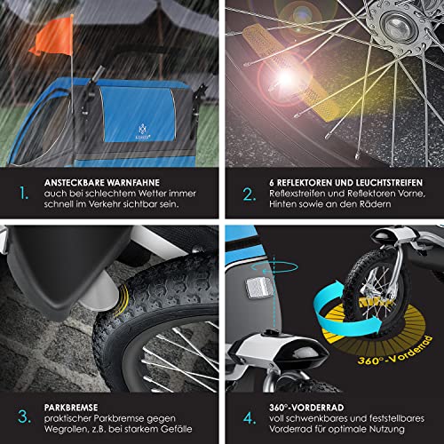 KESSER® Kinderanhänger Fahrradanhänger 360° Drehbar mit Federung 2in1 Joggerfunktion Kinderfahrradanhänger + 5-Punkt Gurt Jogger Fahrrad Anhänger für 1 bis 2 Kinder max. 40kg Inkl. Warnfahne, Blau