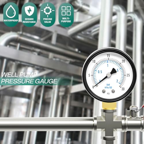 Image of 0-30PSI Well Pump Pressure Gauge 2 inch Dial Size, 1 /4 inch NPT Lower Mount, 3-2-3% Accuracy, for Tube, Water Pump, Gas, Liquid, Pressure Test