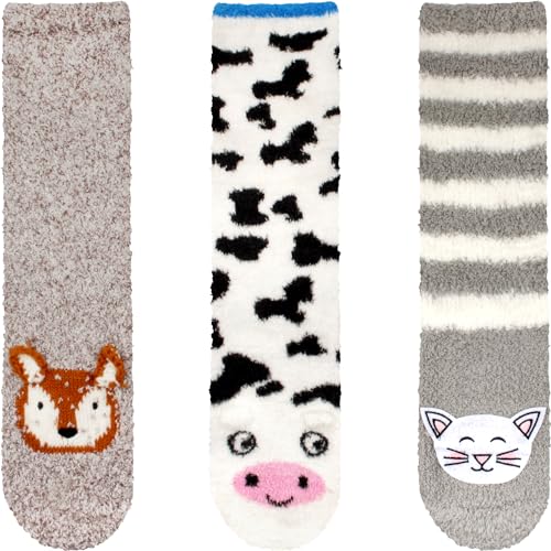 Image of BambooMN Super Soft Warm Cute Animal Face Non-Slip Fuzzy Crew Winter Home Socks, Value Pack