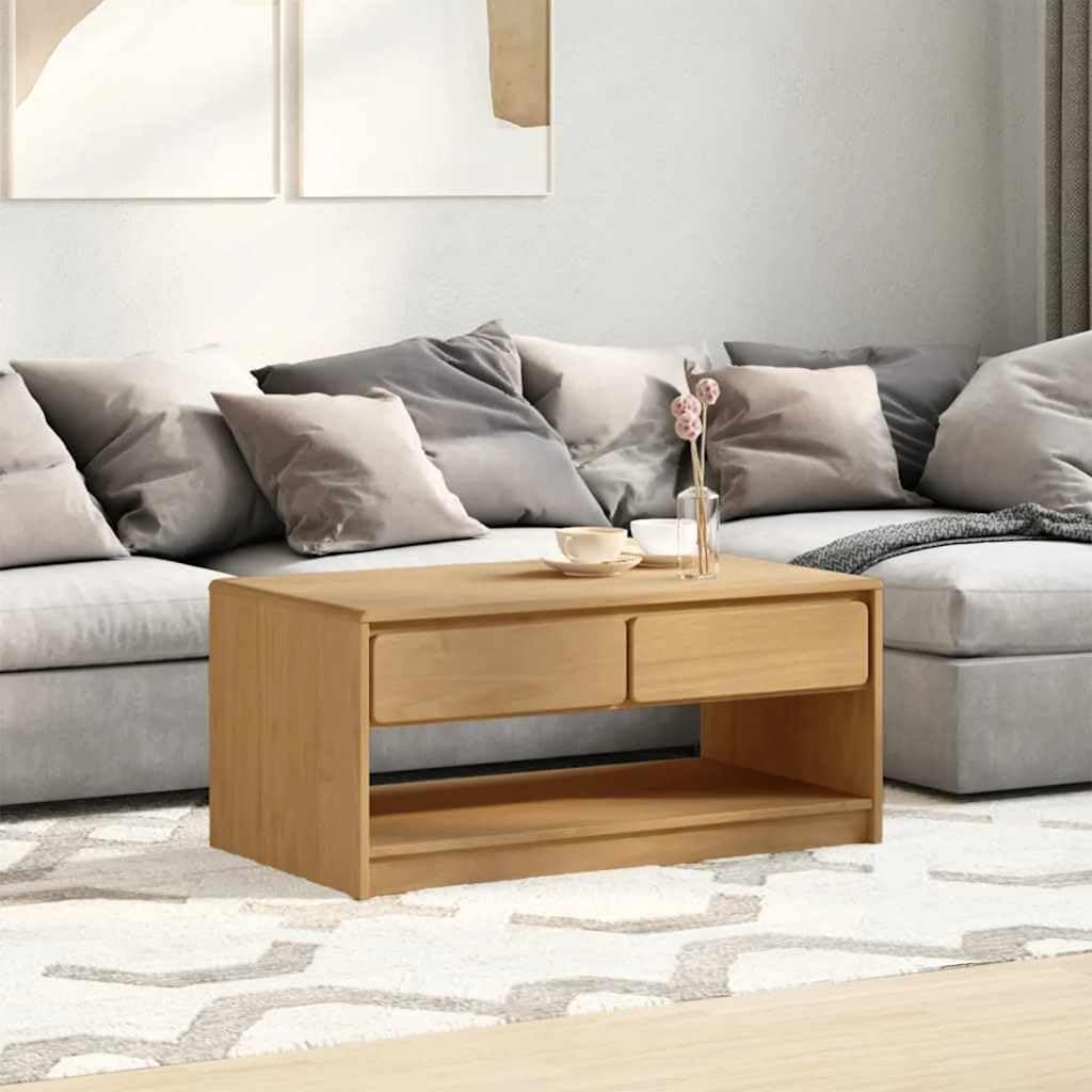 Table basse aspect chêne Sauda 99x55cm avec tiroirs et compartiment de salon