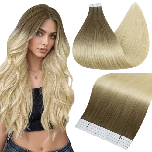 Image of Full Shine Hair Extensions Tape in, Brown Root Blonde 14 Inch | 50g 20PCS, Seamless Skin Weft Human Hair Tape in Extensions, Remy Double Sided Design Soft Texture Natural Blend