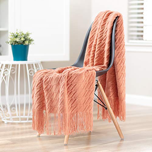 Chanasya Peach Pink Throw Blanket With Tassels - Acrylic Knitted Super Soft Fluffy Warm Cozy Lightweight Chic Boho Blanket For Bed Sofa Chair Couch Cover Living Bed Room (50X65 Inches) Coral #TOP1