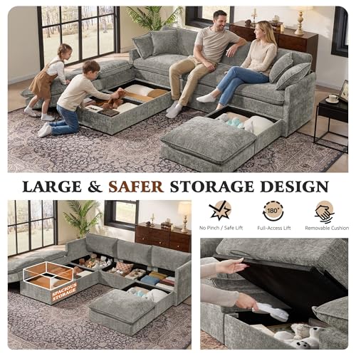 Image of Ihanherry Oversized Sectional Sofa Bed with Storage, 103 inch 6-Seater Modular Cloud Couch with Movable Ottomans, Chenille Deep Seat Sleeper Couches for Living Room (Grey)