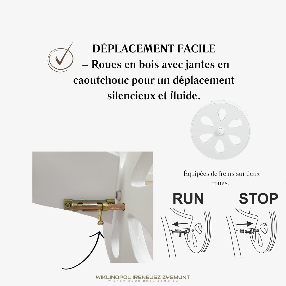 Wiklinopol Couffin Bébé avec Support en Bois et roulettes Annabell – Berceau en Osier avec Matelas et Linge 5 Pièces Mousseline Beige – Poussette de lit Blanc pour Nouveau-né