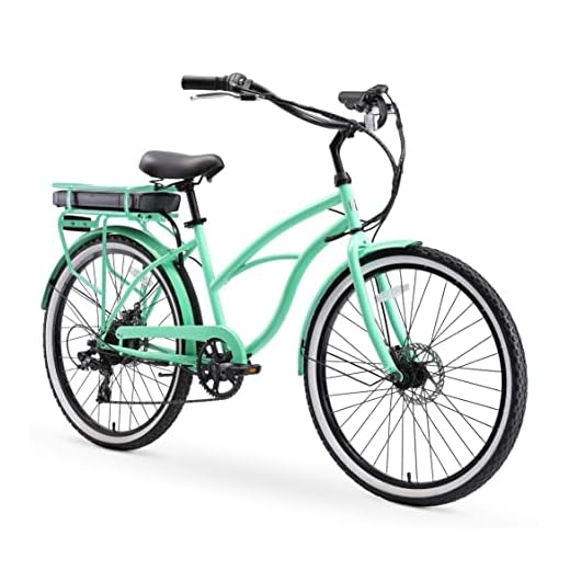 sixthreezero Around The Block Women's Electric Bicycle, 7-Speed Beach Cruiser eBike, 250 Watt Motor, 26" Wheels, Mint Green with Black Seat and Grips