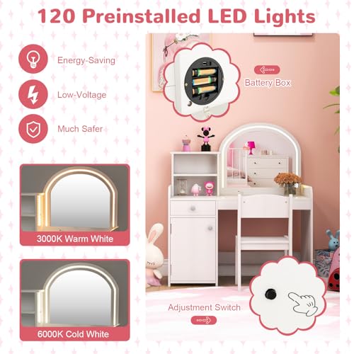 Image of HONEY JOY Kids Vanity with Lights, Little Girls Vanity Set with Mirror and Stool and Lights, Wooden Princess Makeup Dressing Table, Storage Cabinet, Pretend Play Kids Vanity Table and Chair Set(White)
