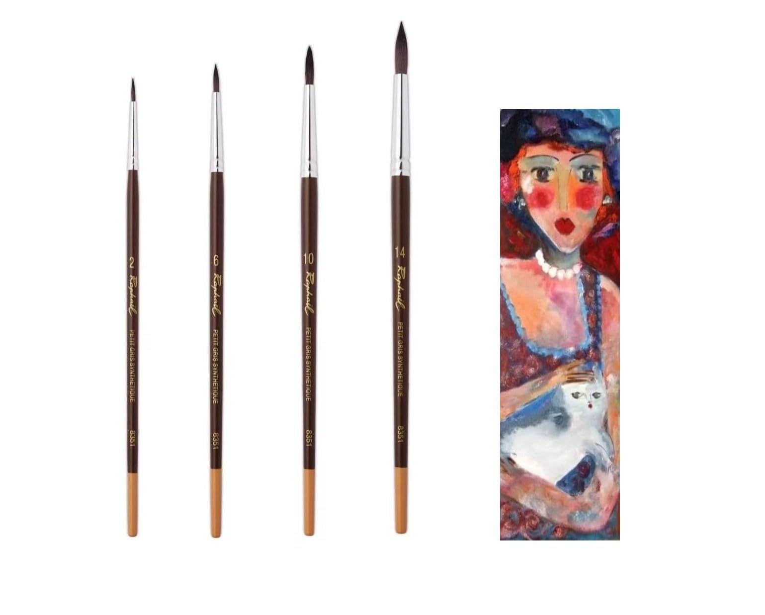 Raphael Pinceau Aquarelle Petit Gris Synthétiques Serie 8351 Set 4pcs N°2, 6, 10, 14 et 1 Carte