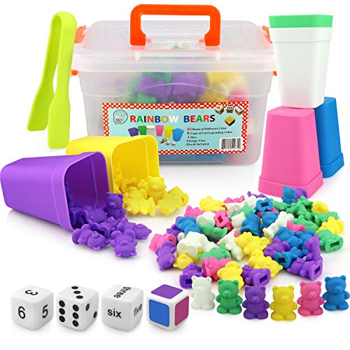 SET4kids Counting Bears with Matching/Sorting Cups, 4 Dice,Tweezers and an Activity e-Book. for Toddlers and Early Childhood Education. 71 pc Game Set in Pastel Colors.