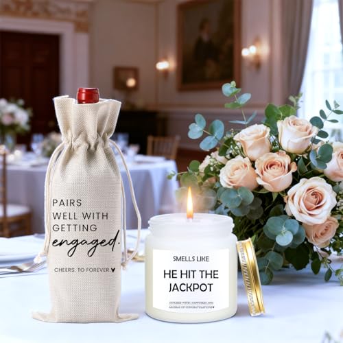 Image of Engaged Gifts Engagement Gifts for Couples Her Engagement Party Decorations | Gift for Couple Wine Bag Scented Candles Set Pairs Well with Getting Engaged Wine Bag Smell Like He Hit The Jackpot