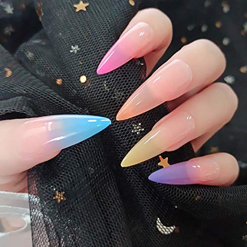 Outyua Glossy Rainbow Colored Press on Nails Stiletto Colorful Fake Nails with Designs Acrylic Full Cover False Nails for Women and Girls 20 Pcs