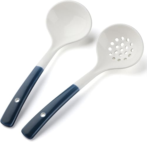 Vista 12 de Juego de 2 cucharones de cerámica con cucharón grande para sopa con espumadera, cucharones ranurados, cucharones de cocina, cucharas coladoras