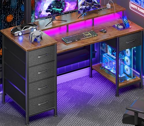 Image of Korfile 47 Inch Gaming Desk with Power Outlets and LED Lights, Reversible Computer Desk with 5 Fabric Storage Drawers, Home Office Desk with Monitor Stand for Working Writing Study, Rustic Brown