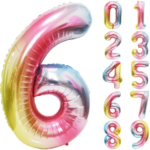 Image of Rainbow Number Balloons Birthday Balloons - Giant Number 6 Balloon 40 inch, Numbers Balloon Birthday Decorations, Rainbow Party Supplies for Baby Shower