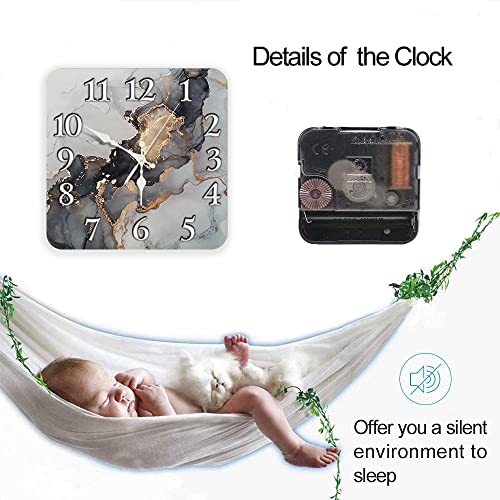 Wall Clock, Square Silent Non Ticking Clock 12 Inch, Luxury Black Gold Watercolor Stone, Home Decor For Living Room, Bathroom, Bedroom, Kitchen, Office Or School #TOP3
