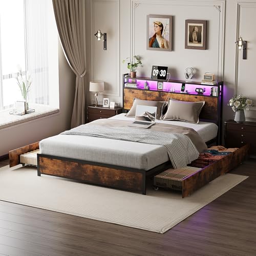 Bonnlo King Size Bed Frame with 4 Storage Drawers & Charging Station -2 USB/2 Outlets & 1 Type-C Ports, Metal Bed Frames, Kingsize Bed Base with Storage Headboard&LED Light,No Mattress, 150x200cm