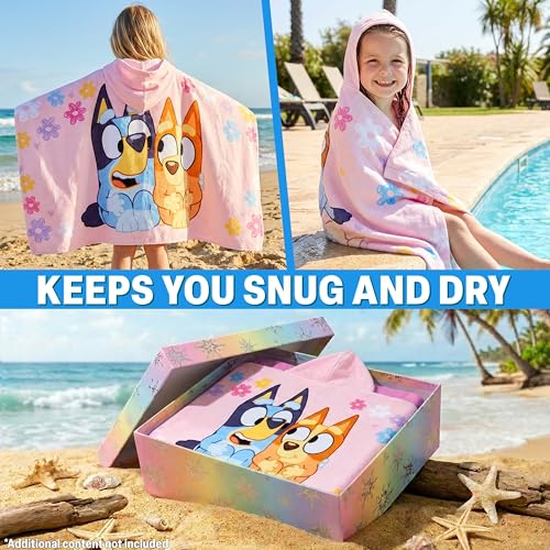 Image of Get Trend Bluey Bath Towels with Hood for Girls, Soft Absorbent Cotton Beach Towel, Swimming Pool Hooded Poncho, Shower Bath Travel Cozy for Girls Ages 2-6 (Pink Bluey)