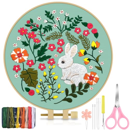 Image of TINDTOP Embroidery Kit for Beginners Adult, Rabbit Embroidery Kit | Include Embroidery Cloth Hoops Threads for Craft Lover Hand Stitch with Embroidery Skill Techniques