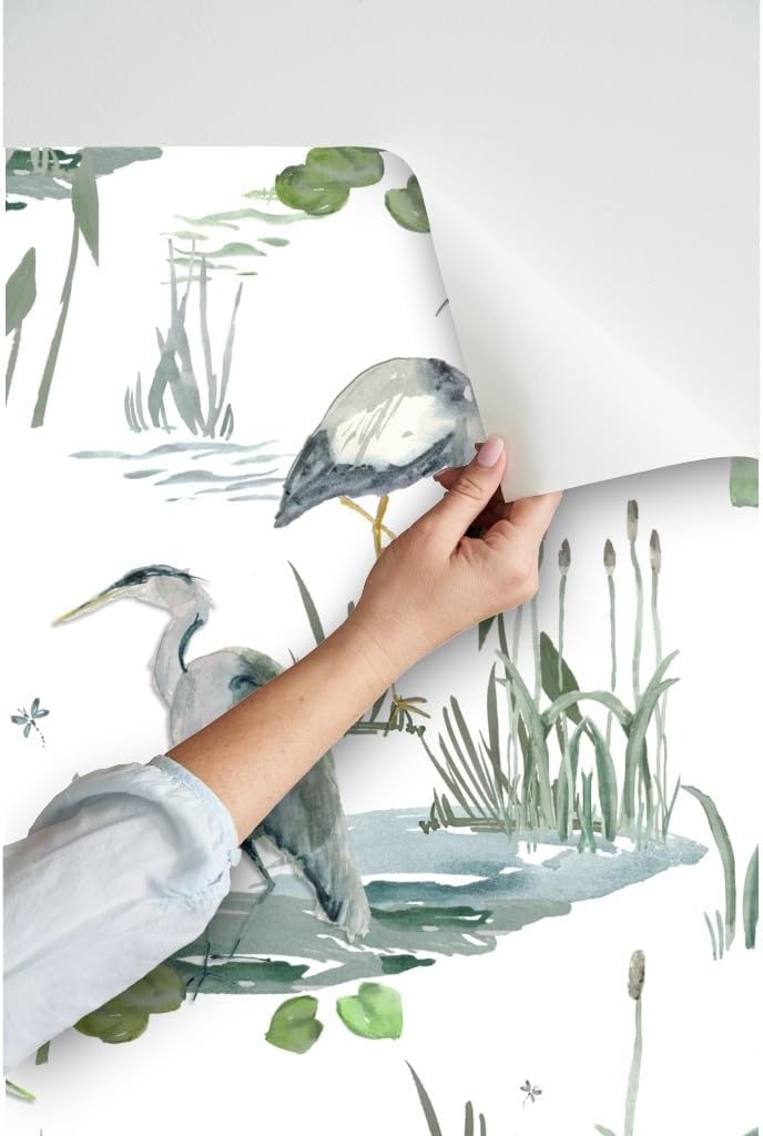 Spoonflower Peel & Stick Wallpaper Swatch - Watercolor Marsh Pond Heron Birds Nature Coastal Cattails Seaside Coast Beach Egret Large Scale Custom Removable Wallpaper