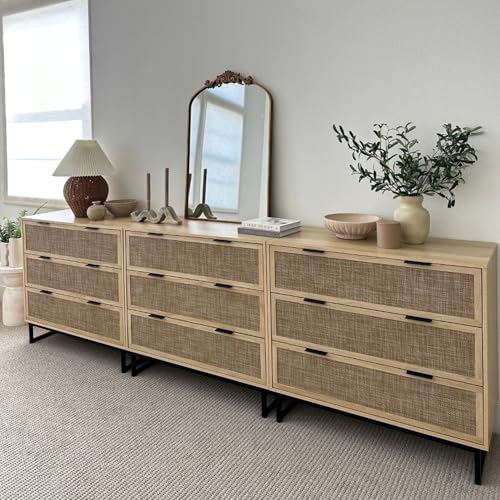 Image of Nathan James Kova 3-Drawer Rattan Dresser or Boheminan Living Room Storage Cabinet with Textiline Rattan Accent and Metal Legs, Light Oak /Black, Set of 3