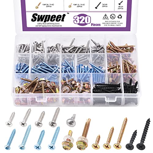 Swpeet 320 piezas de 16 estilos diferentes de tornillos autoperforantes y autorroscantes mixtos, kit de surtido de tornillos de madera, multiusos perfecto para tornillos de madera, tornillos de