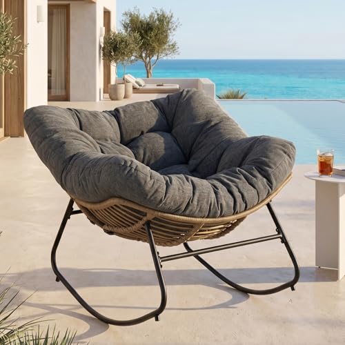 GRAVFORCE Rattan Schaukelstuhl Outdoor Ergonomischer Relaxsessel Garten mit Dickem Sitzpolster Bis 150kg Belastbar Wettersicherer Loungesessel für Garten, Balkon, Wohnzimmer (Dunkelgrau)